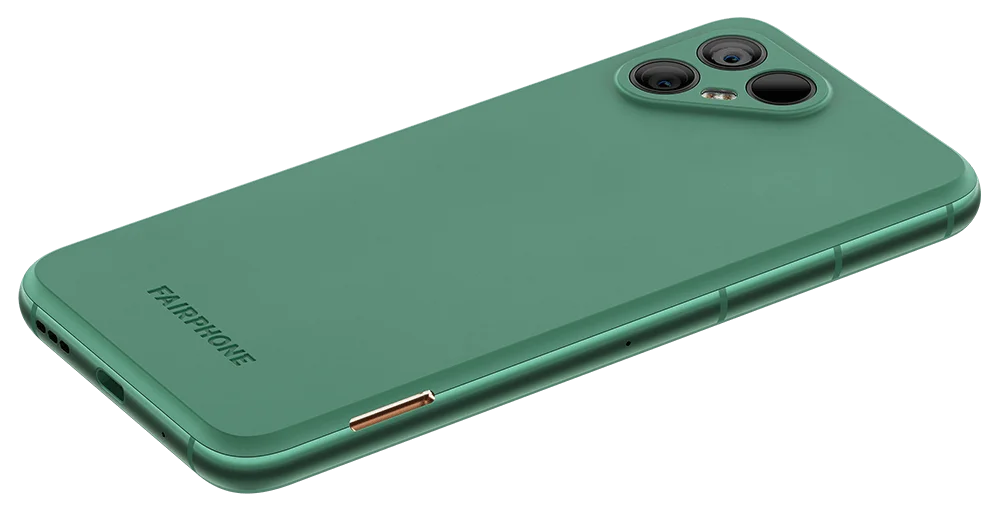 Rear view of a green Fairphone with a sophisticated triple-camera setup