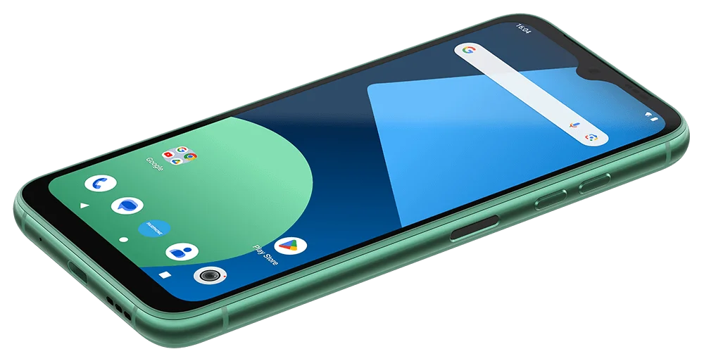 Green Fairphone shown from the side, displaying its vibrant, user-friendly interface with Android apps