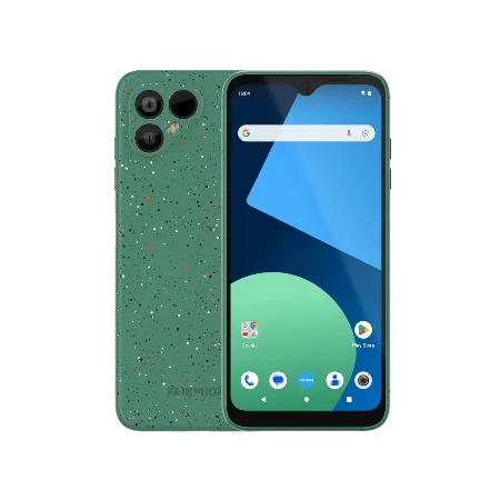 Fairphone 4 with a speckled green back cover and display facing up, showcasing its modern design and triple camera setup.