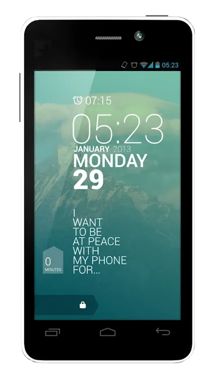 Fairphone smartphone, showing the lock screen with the time, date, and a scenic mountain wallpaper. The text on the screen reads: "I want to be at peace with my phone for..." suggesting a focus on sustainable and ethical usage. The phone has a black frame with a front-facing camera and sensor visible at the top.